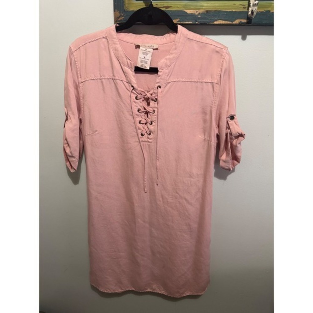 Philosophy Republic Clothing Rose Pink Tencel Lace Up Roll Tab Shift Dress M
